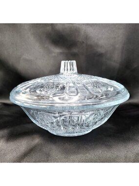 Vintage KIG Clear Glass Embossed Floral Rose Candy Dish 7 Inch